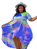 Plus Size Fashion Tie Dye Print Women Clothing Short Sleeve Irregular Loose Long Top Biker Shorts 2 Piece Set NY-8951