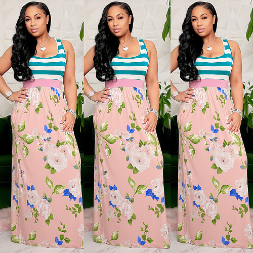 Summer Clothing Patchwork Floral Print Sleeveless High Waist Women Casual Streetwear Maxi Long Dress FSX-180