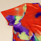 Plus Size Fashion Tie Dye Print Women Clothing Short Sleeve Irregular Loose Long Top Biker Shorts 2 Piece Set NY-8951