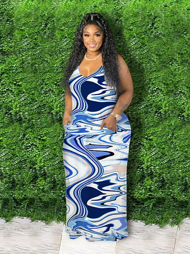 Summer Sexy Spaghetti Strap Beach Vacation Women Sleeveless V-Neck Print Maxi Party Long Dresses TB-5301