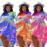Plus Size Fashion Tie Dye Print Women Clothing Short Sleeve Irregular Loose Long Top Biker Shorts 2 Piece Set NY-8951