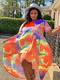 Plus Size Fashion Tie Dye Print Women Clothing Short Sleeve Irregular Loose Long Top Biker Shorts 2 Piece Set NY-8951