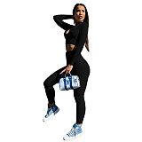 Women Tracksuit Solid Color Long Sleeve Zipper Crop Tops+Pencil Pants Summer Sport Two Piece Set XMY-9311