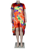 Plus Size Fashion Tie Dye Print Women Clothing Short Sleeve Irregular Loose Long Top Biker Shorts 2 Piece Set NY-8951