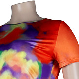 Plus Size Fashion Tie Dye Print Women Clothing Short Sleeve Irregular Loose Long Top Biker Shorts 2 Piece Set NY-8951