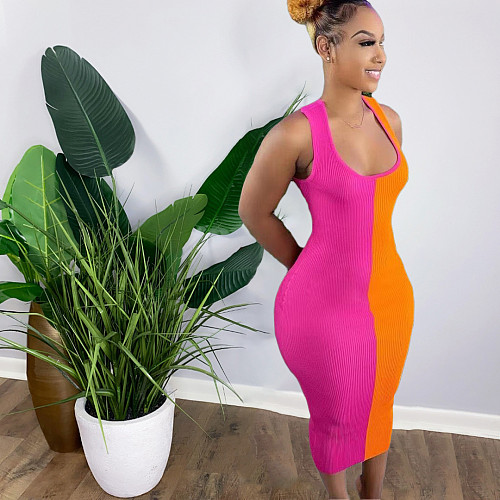 Fashion Color Patchwork Sleeveless Back Hollow Out Bodycon Sexy Women Clothes Club Party Maxi Dress ORY-5198