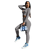 Women Tracksuit Solid Color Long Sleeve Zipper Crop Tops+Pencil Pants Summer Sport Two Piece Set XMY-9311