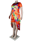 Plus Size Fashion Tie Dye Print Women Clothing Short Sleeve Irregular Loose Long Top Biker Shorts 2 Piece Set NY-8951