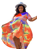 Plus Size Fashion Tie Dye Print Women Clothing Short Sleeve Irregular Loose Long Top Biker Shorts 2 Piece Set NY-8951