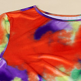 Plus Size Fashion Tie Dye Print Women Clothing Short Sleeve Irregular Loose Long Top Biker Shorts 2 Piece Set NY-8951