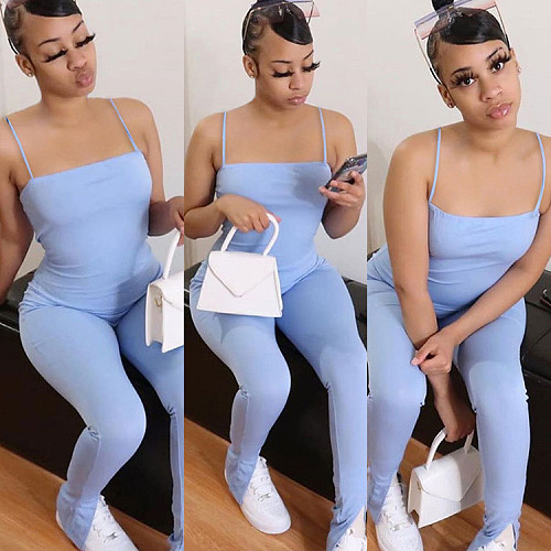 Summer New Arrivals Women Solid Color Sleeveless Spaghetti Strap Sexy Low Cut Skinny Casual Jumpsuit GLS-8147