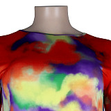 Plus Size Fashion Tie Dye Print Women Clothing Short Sleeve Irregular Loose Long Top Biker Shorts 2 Piece Set NY-8951