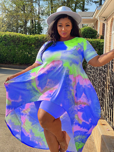 Fashion Tie Dye Print Women Clothing Short Sleeve Irregular Loose Long Top Biker Shorts 2 Piece Set NY-8958