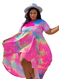 Plus Size Fashion Tie Dye Print Women Clothing Short Sleeve Irregular Loose Long Top Biker Shorts 2 Piece Set NY-8951