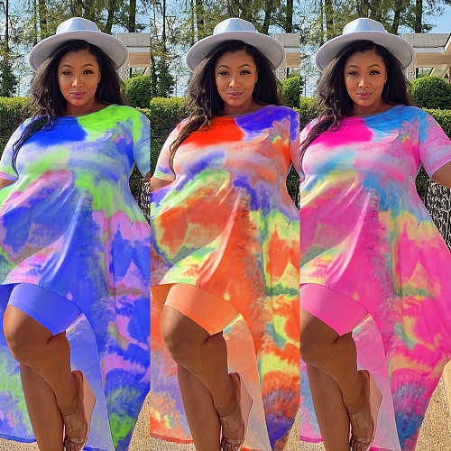 Fashion Tie Dye Print Women Clothing Short Sleeve Irregular Loose Long Top Biker Shorts 2 Piece Set NY-8958
