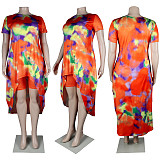 Plus Size Fashion Tie Dye Print Women Clothing Short Sleeve Irregular Loose Long Top Biker Shorts 2 Piece Set NY-8951