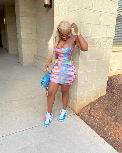 Summer Women Sexy Tie Dye Print Backless Sleeveless Strap Bandage Party Club Bodycon Mini Dress NY-2118