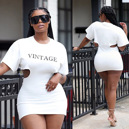 Summer Fashion Hollow Out Waist Women Streetwear Letter Print O-neck Short Sleeve T Shirt Mini Dress LUO-3173
