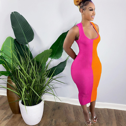 Fashion Color Patchwork Sleeveless Back Hollow Out Bodycon Sexy Women Clothes Club Party Maxi Dress ORY-5198