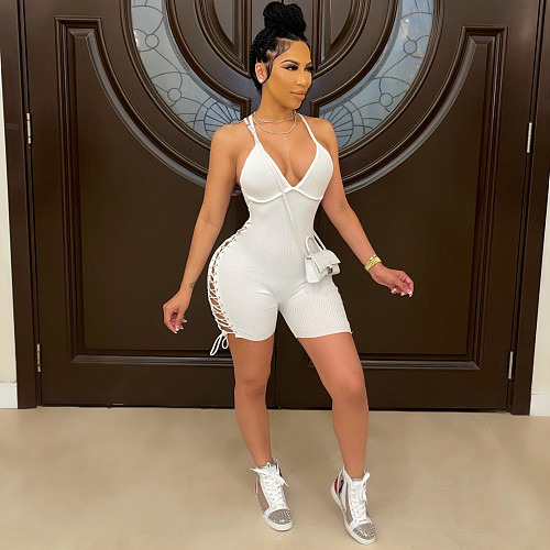 Women Solid Color Streetwear Spaghetti Strap Deep V Neck Ribbed Knit Backless Bodycon Rompers OSM-4348