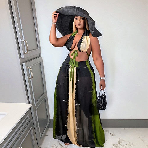 Sexy Mesh See Through Tie Dye Print Halter Bandage Backless Bra Top Maxi Long Skirt Women Two Piece Set SH-390155
