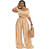 Women Clothing Plus Size Striped Short Sleeve Crop Tops Wide Leg Pants Summer Outfits 2 Piece Set XMY-9310