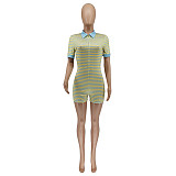 2021 Summer Short Sleeve Women Patchwork Striped Front Zipper Bodycon Casual One Piece Romper WSY-5878