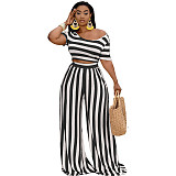 Women Clothing Plus Size Striped Short Sleeve Crop Tops Wide Leg Pants Summer Outfits 2 Piece Set XMY-9310