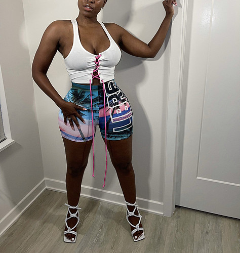 Women Clothing Summer Casual Print Elastic Waist High Waist Beach Holiday Bodycon Shorts WSY-5886