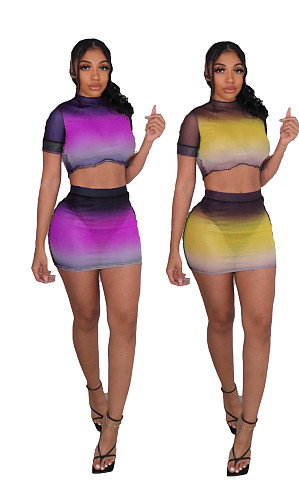 Sexy Mesh See Through Print Short Sleeve O Neck Crop Top Mini Skirt Women Nightclub Two Piece Set SD-25121