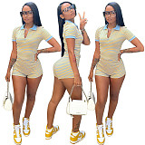 2021 Summer Short Sleeve Women Patchwork Striped Front Zipper Bodycon Casual One Piece Romper WSY-5878
