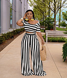 Women Clothing Plus Size Striped Short Sleeve Crop Tops Wide Leg Pants Summer Outfits 2 Piece Set XMY-9310