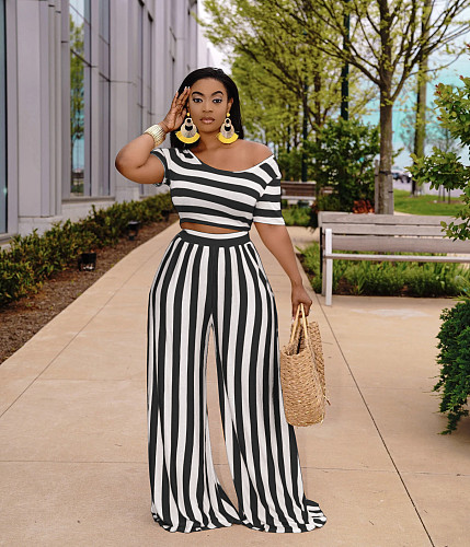 Women Clothing Plus Size Striped Short Sleeve Crop Tops Wide Leg Pants Summer Outfits 2 Piece Set XMY-9310