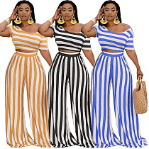 Women Clothing Plus Size Striped Short Sleeve Crop Tops Wide Leg Pants Summer Outfits 2 Piece Set XMY-9310