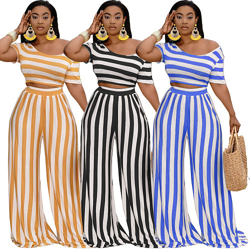 Women Clothing Plus Size Striped Short Sleeve Crop Tops Wide Leg Pants Summer Outfits 2 Piece Set XMY-9310