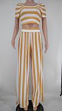 Women Clothing Plus Size Striped Short Sleeve Crop Tops Wide Leg Pants Summer Outfits 2 Piece Set XMY-9310