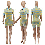 2021 Summer Short Sleeve Women Patchwork Striped Front Zipper Bodycon Casual One Piece Romper WSY-5878