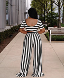 Women Clothing Plus Size Striped Short Sleeve Crop Tops Wide Leg Pants Summer Outfits 2 Piece Set XMY-9310