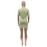 2021 Summer Short Sleeve Women Patchwork Striped Front Zipper Bodycon Casual One Piece Romper WSY-5878