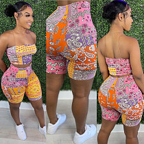 Paisley Bandana Print Women Sexy Strapless Crop Tops Biker Shorts Streetwear 2 Piece Set SH-390148