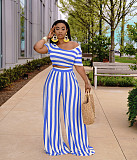 Women Clothing Plus Size Striped Short Sleeve Crop Tops Wide Leg Pants Summer Outfits 2 Piece Set XMY-9310