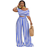 Women Clothing Plus Size Striped Short Sleeve Crop Tops Wide Leg Pants Summer Outfits 2 Piece Set XMY-9310