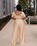 Women Clothing Plus Size Striped Short Sleeve Crop Tops Wide Leg Pants Summer Outfits 2 Piece Set XMY-9310