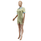 2021 Summer Short Sleeve Women Patchwork Striped Front Zipper Bodycon Casual One Piece Romper WSY-5878