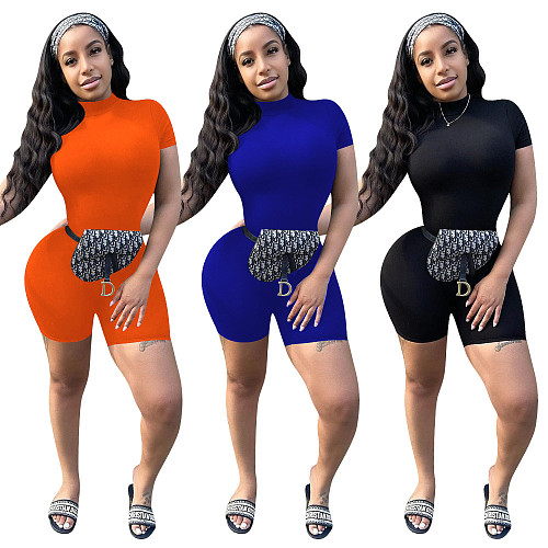Women Solid Color Yoga O-Neck Short Sleeve Casual Fitness Sportswear Bodycon Summer Romper OYF-8265