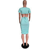 Sexy Summer Solid Color Round Neck Back Waist Hollow Short Sleeve Ruched Bodycon Women Midi Dress HMS-5478