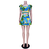Plus Size Sexy Tropical Floral Print Ruffle Mini Skirts Sleeveless Crop Top Summer Vacation Two Piece Set ASL-6383