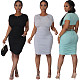 Sexy Summer Solid Color Round Neck Back Waist Hollow Short Sleeve Ruched Bodycon Women Midi Dress HMS-5478