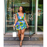 Plus Size Sexy Tropical Floral Print Ruffle Mini Skirts Sleeveless Crop Top Summer Vacation Two Piece Set ASL-6383