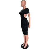 Sexy Summer Solid Color Round Neck Back Waist Hollow Short Sleeve Ruched Bodycon Women Midi Dress HMS-5478